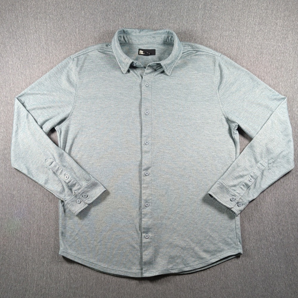 Green Pin Dot Button Shirt Sz L Linen Blend Casual The Commons Preppy Indie EUC